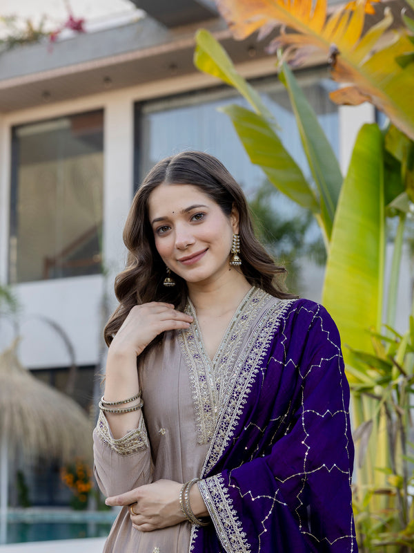 Women's Vichitra Silk Embroidered Kurta Pant Dupatta Set