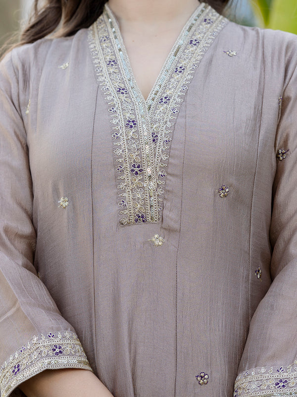 Women's Vichitra Silk Embroidered Kurta Pant Dupatta Set