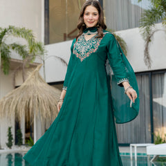 Women's Chinon Printed Kurta Pant & Organza Dupatta Set