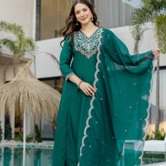Women's Chinon Printed Kurta Pant & Organza Dupatta Set