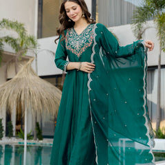 Women's Chinon Printed Kurta Pant & Organza Dupatta Set