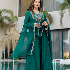 Women's Chinon Printed Kurta Pant & Organza Dupatta Set