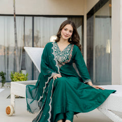Women's Chinon Printed Kurta Pant & Organza Dupatta Set