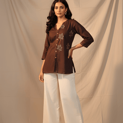 Women’s Brown Cotton Embroidered Short Tunic Top