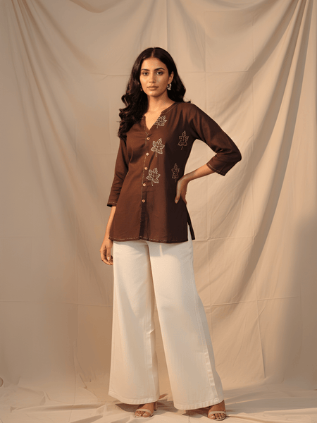 Women’s Brown Cotton Embroidered Short Tunic Top