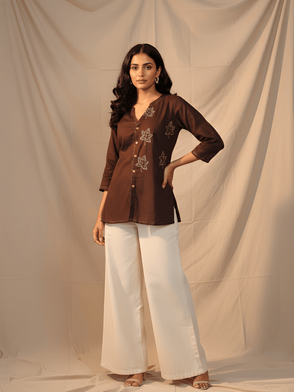 Women’s Brown Cotton Embroidered Short Tunic Top