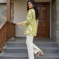 Women’s White-Parrot Cotton Printed Flared Kurti