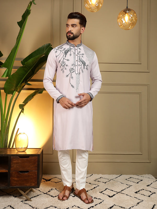 Men’s Viscose Silk Embroidered Kurta with Semi Cotton Chudidar