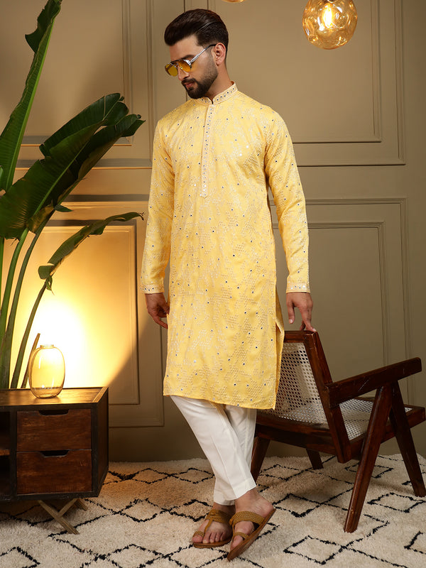 Men’s Heavy Khadi Cotton Mirror Work Kurta with Semi Cotton Chudidar