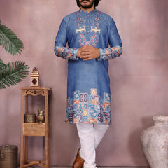 Men’s Heavy Khadi Cotton Printed Kurta with Embroidered Neck & Pyjama