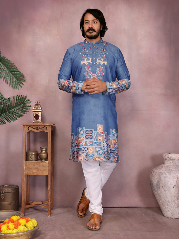 Men’s Heavy Khadi Cotton Printed Kurta with Embroidered Neck & Pyjama