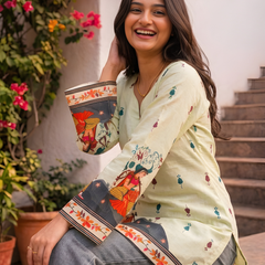 Women’s Cream Cotton Kalamkari Printed V-Neck Tunic