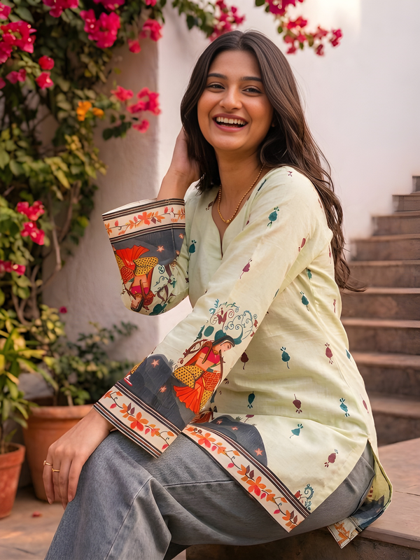 Women’s Cream Cotton Kalamkari Printed V-Neck Tunic