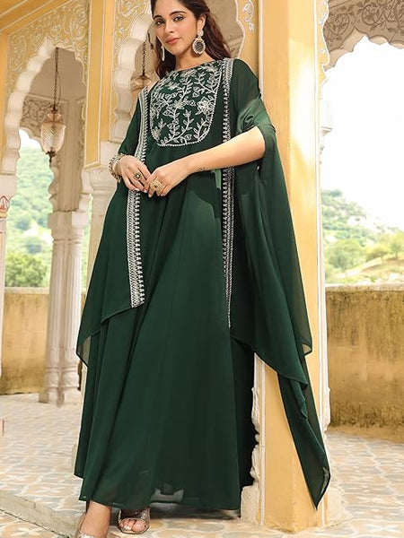 Women’s Georgette Anarkali Maxi Dress with Embroidered Cape