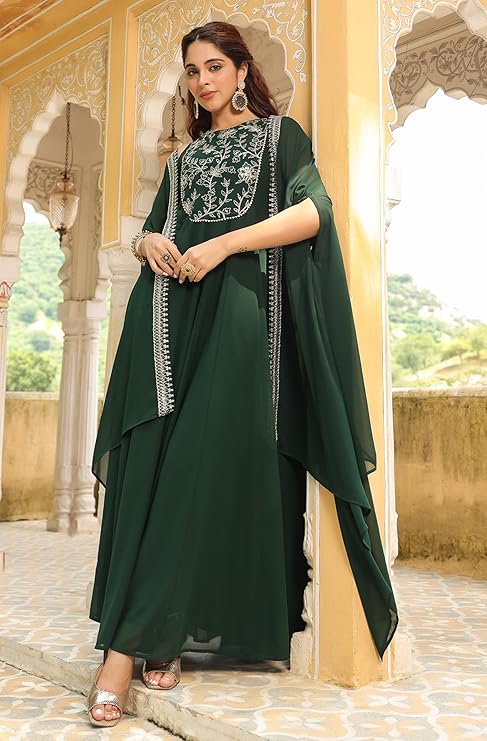 Women’s Georgette Anarkali Maxi Dress with Embroidered Cape