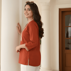 Women’s Rust Orange Roman Silk Embroidered Fancy Top