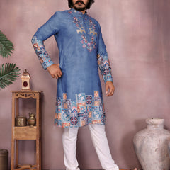 Men’s Heavy Khadi Cotton Printed Kurta with Embroidered Neck & Pyjama
