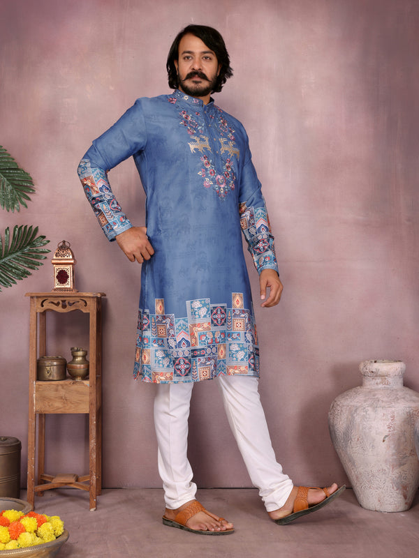 Men’s Heavy Khadi Cotton Printed Kurta with Embroidered Neck & Pyjama