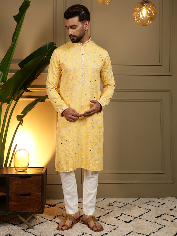 Men’s Heavy Khadi Cotton Mirror Work Kurta with Semi Cotton Chudidar