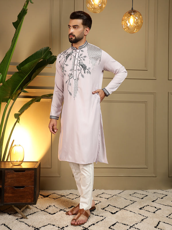 Men’s Viscose Silk Embroidered Kurta with Semi Cotton Chudidar
