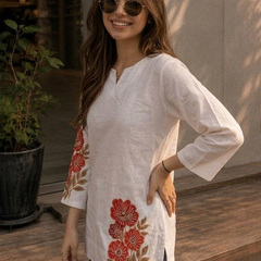 Women’s White Cotton DTF Printed V-Neck Fancy Top