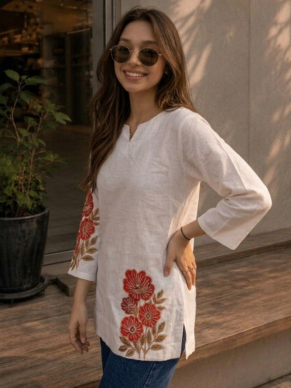 Women’s White Cotton DTF Printed V-Neck Fancy Top