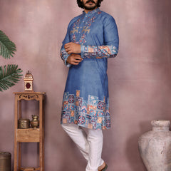 Men’s Heavy Khadi Cotton Printed Kurta with Embroidered Neck & Pyjama