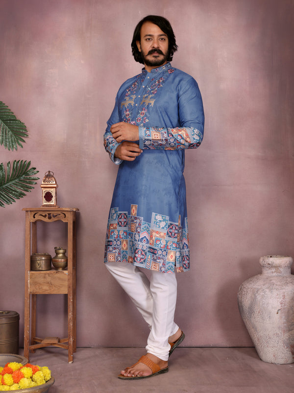 Men’s Heavy Khadi Cotton Printed Kurta with Embroidered Neck & Pyjama