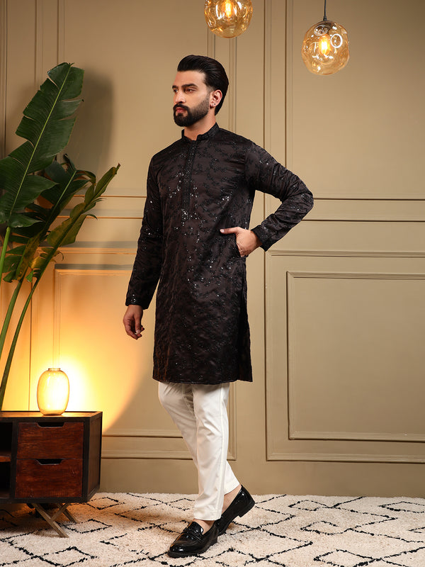 Men’s Royal Silk Sequence Embroidered Kurta with Semi Cotton Chudidar