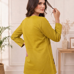 Women’s Mustard Yellow Embroidered Cotton-Silk Fancy Top