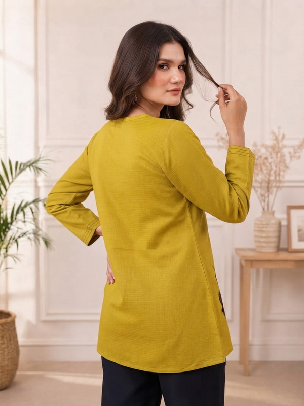 Women’s Mustard Yellow Embroidered Cotton-Silk Fancy Top
