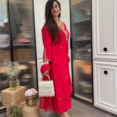 Women’s Red Kurti with Embroidered Organza Dupatta