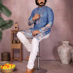 Men’s Heavy Khadi Cotton Printed Kurta with Embroidered Neck & Pyjama