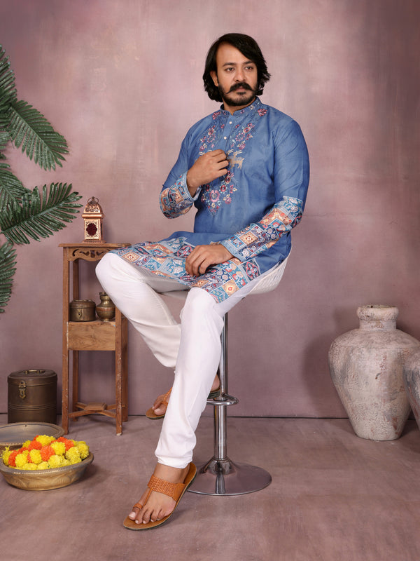 Men’s Heavy Khadi Cotton Printed Kurta with Embroidered Neck & Pyjama