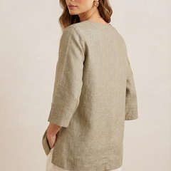 Women’s Olive Green Linen Cotton Embroidered Split V-Neck Top