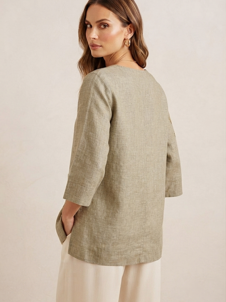 Women’s Olive Green Linen Cotton Embroidered Split V-Neck Top