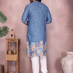 Men’s Heavy Khadi Cotton Printed Kurta with Embroidered Neck & Pyjama