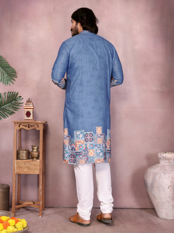 Men’s Heavy Khadi Cotton Printed Kurta with Embroidered Neck & Pyjama