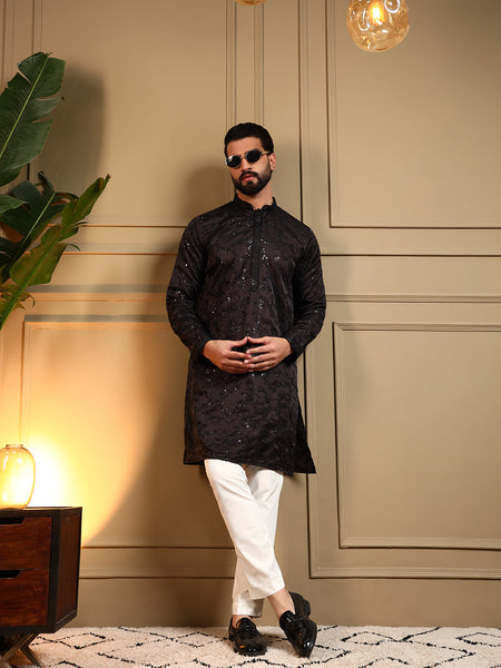 Men’s Royal Silk Sequence Embroidered Kurta with Semi Cotton Chudidar
