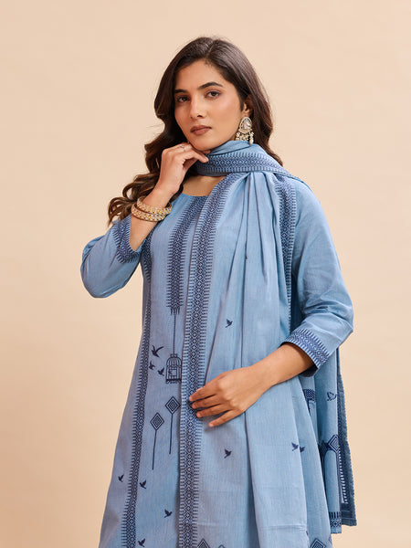 Women's Pure Cotton Jacquard Kurta With Pant & Cotton Dupatta Set