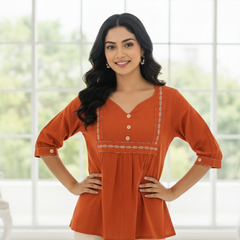 Women’s Rust Orange Embroidered Soft Cotton Fancy Top