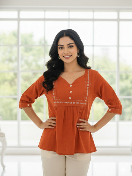 Women’s Rust Orange Embroidered Soft Cotton Fancy Top