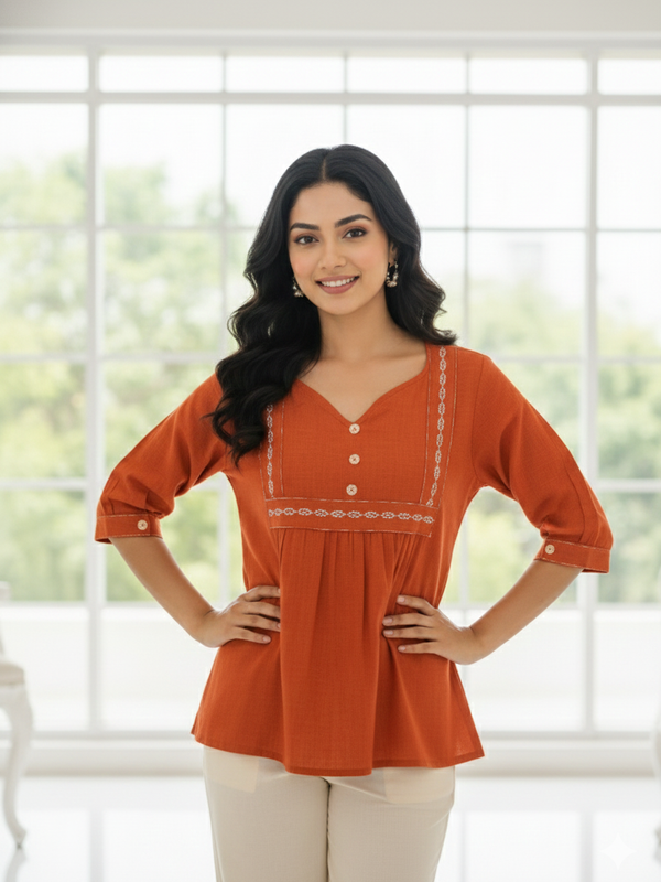 Women’s Rust Orange Embroidered Soft Cotton Fancy Top