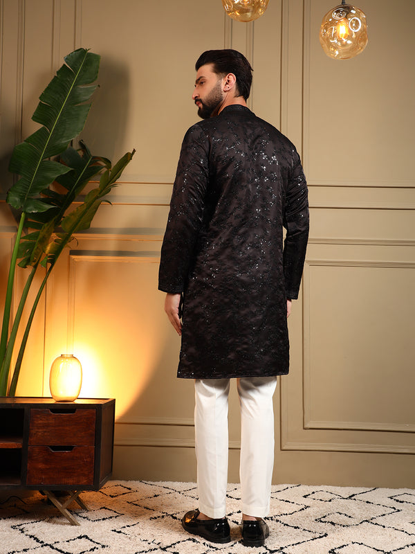 Men’s Royal Silk Sequence Embroidered Kurta with Semi Cotton Chudidar