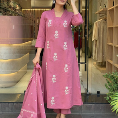 Women's Cotton Embroidered Kurta Pant & Printed Dupatta Set