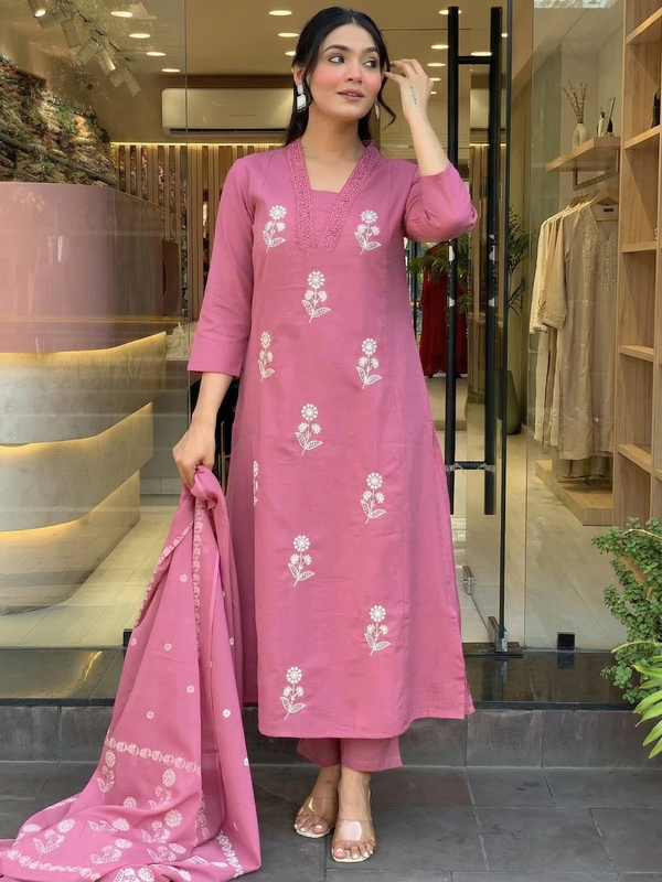 Women's Cotton Embroidered Kurta Pant & Printed Dupatta Set