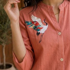 Women’s Coral Orange Cotton Floral Printed Shirt Style Tunic