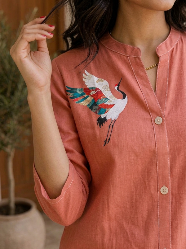 Women’s Coral Orange Cotton Floral Printed Shirt Style Tunic