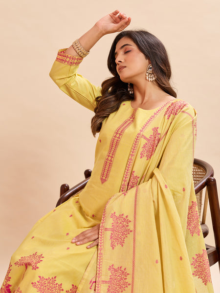 Women's Pure Cotton Jacquard Kurta With Pant & Cotton Dupatta Set