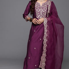 Women’s Chanderi Embroidered Kurta with Stitched Bottom & Organza Dupatta Set